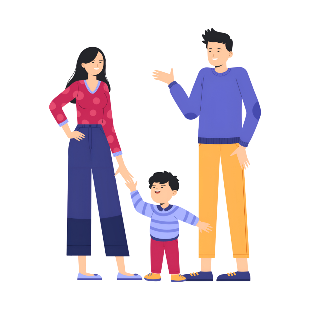 A cheerful family of three, including a mother, father, and child, enjoying time together